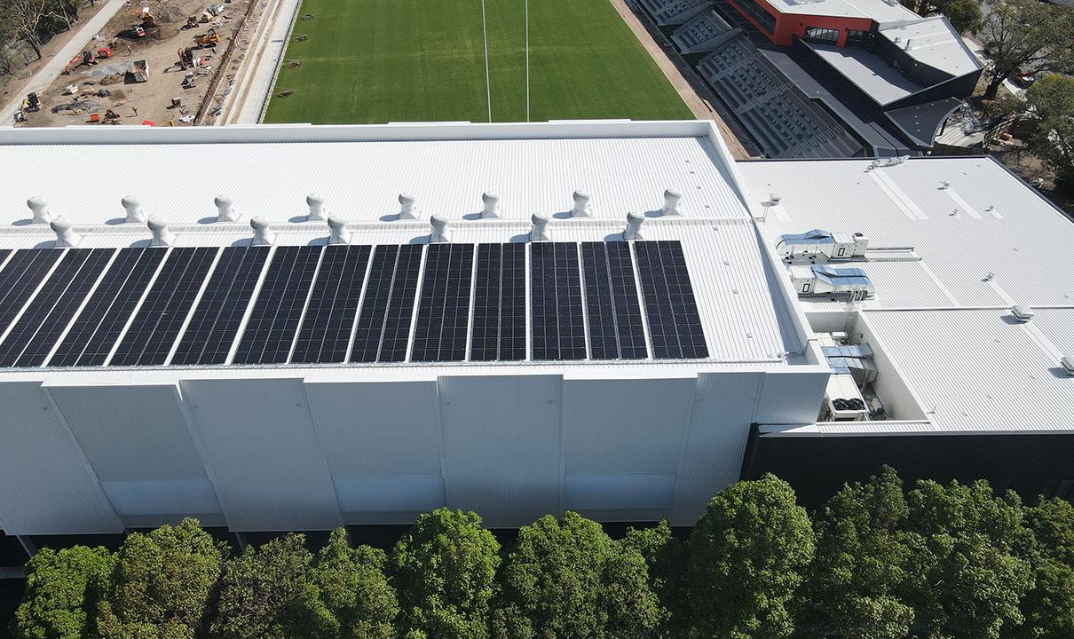 Drone shot of Concord Oval Recreation Centre with solar panels